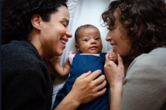 Close Up Of Two Smiling Moms Lying With Cute Infant Photo